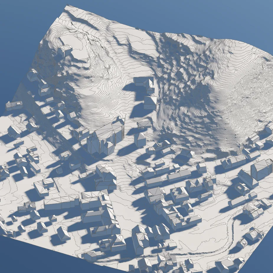 Budynki 3D z dachami na terenie z poziomicami w Archicadzie