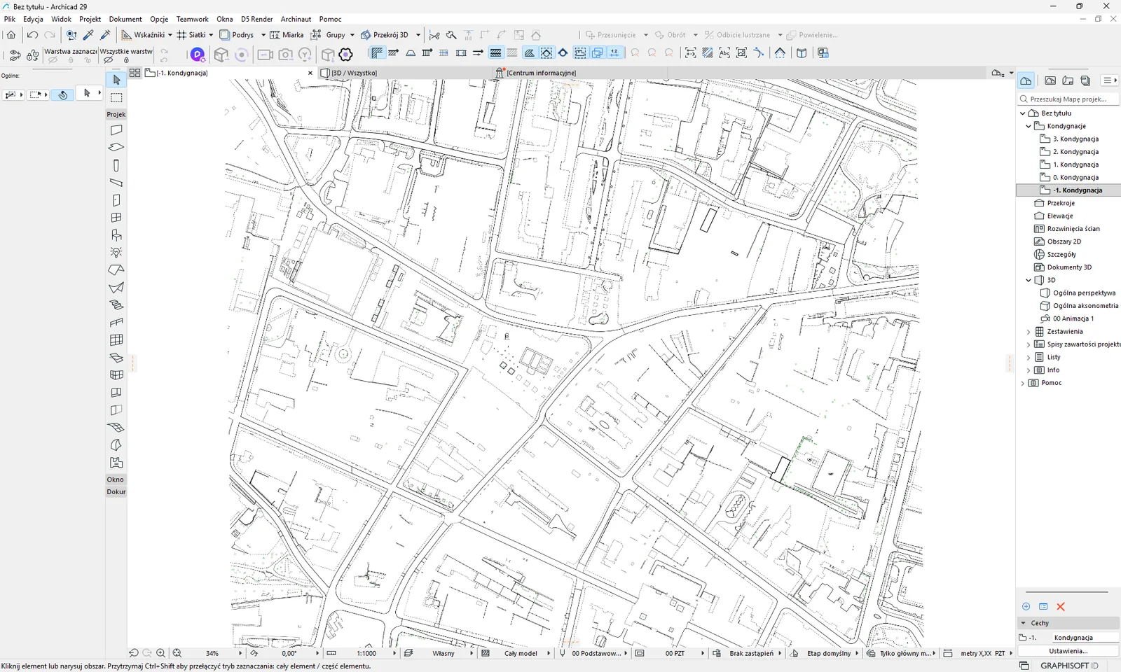 Obraz mapy zasadniczej BDOT500 wstawiony pod rzutem Archicada