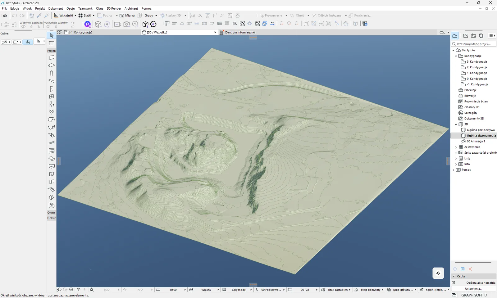 Siatka 3D z warstwic w aksonometrii, widoczne ostre linie poziomów