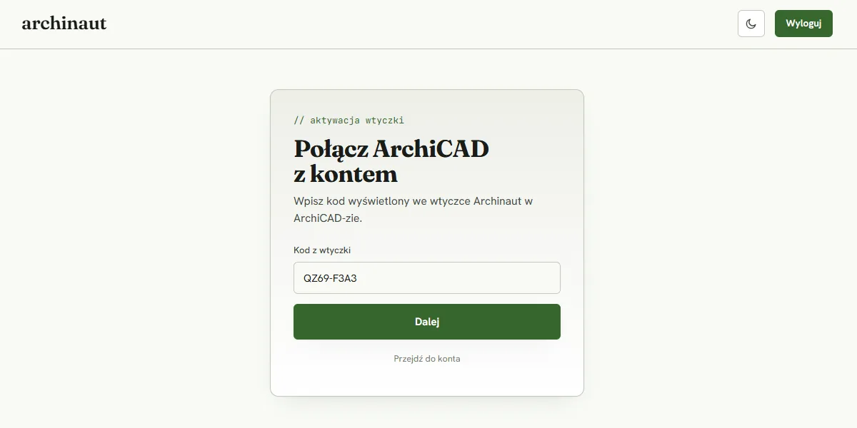 Strona archinaut.pl/aktywuj „Połącz ArchiCAD z kontem”: pole „Kod z wtyczki” z wpisanym kodem i przycisk Dalej