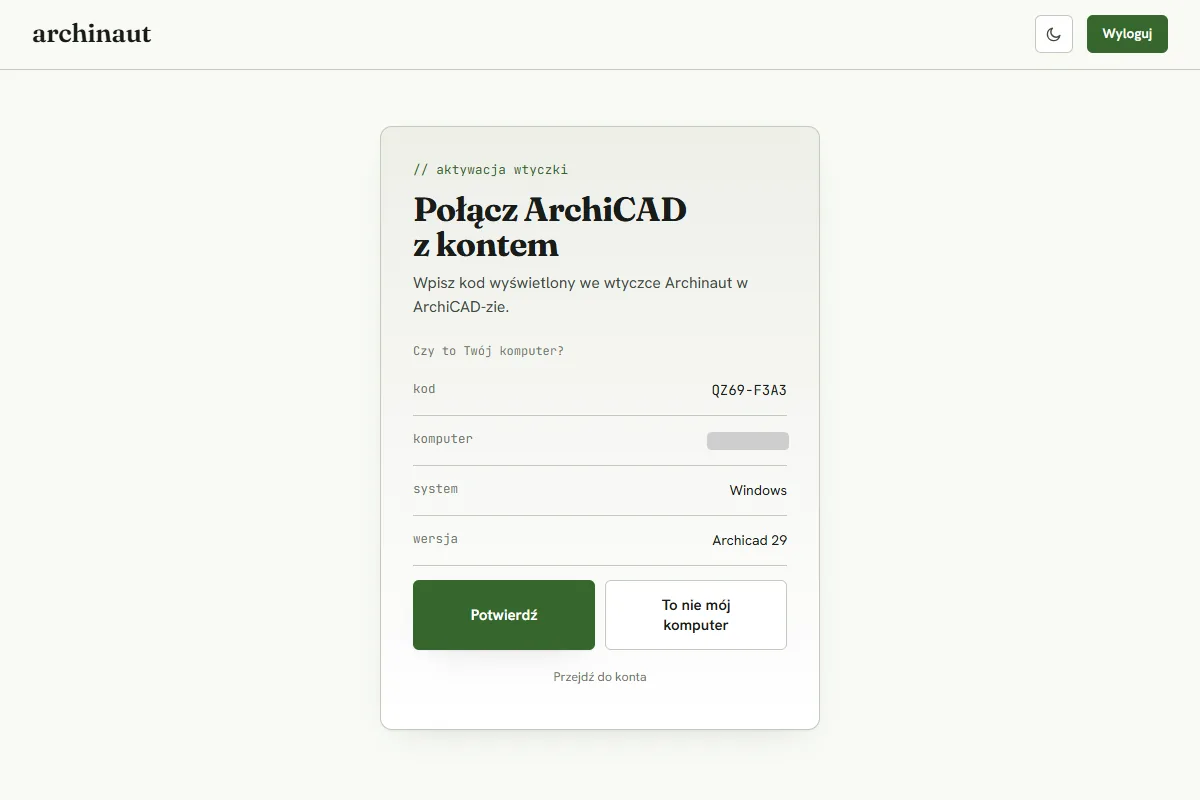 Pytanie „Czy to Twój komputer?” z wierszami kod, komputer (zamazany), system Windows i wersja Archicad 29 oraz przyciskami Potwierdź i To nie mój komputer