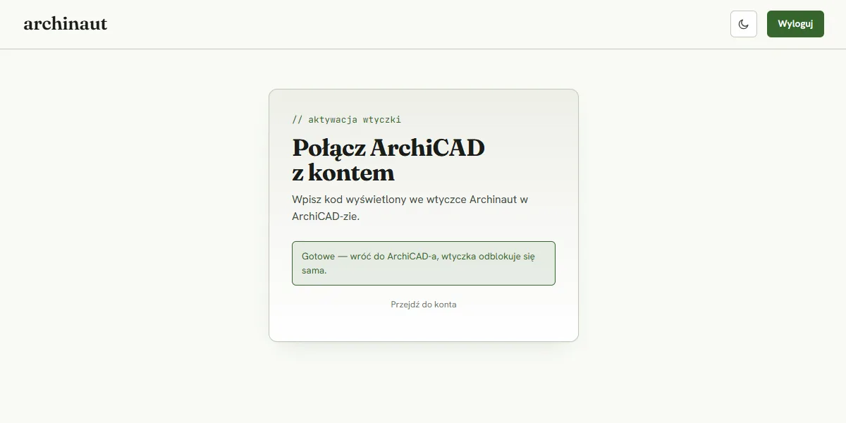 Strona z komunikatem „Gotowe - wróć do ArchiCAD-a, wtyczka odblokuje się sama.”