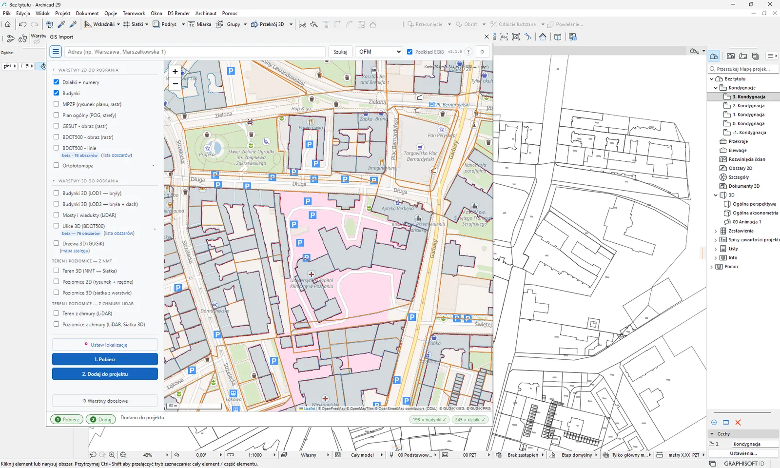 Paleta GIS Import zadokowana obok rzutu, widoczna mapa, pasek narzędzi i panel warstw po prawej